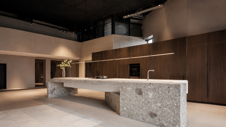 BRUTE : Corian suspendu sur un ceppo di Gré, cuisine sculpturale de Culimaat